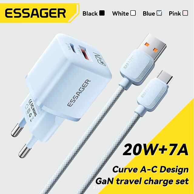 Зарядний пристрій ESSAGER GaN USB Type-C 20 Вт. Швидка зарядка. Для iPhone iPad Samsung. Компактний, сертифікат CE. Україна - 0 фото товару