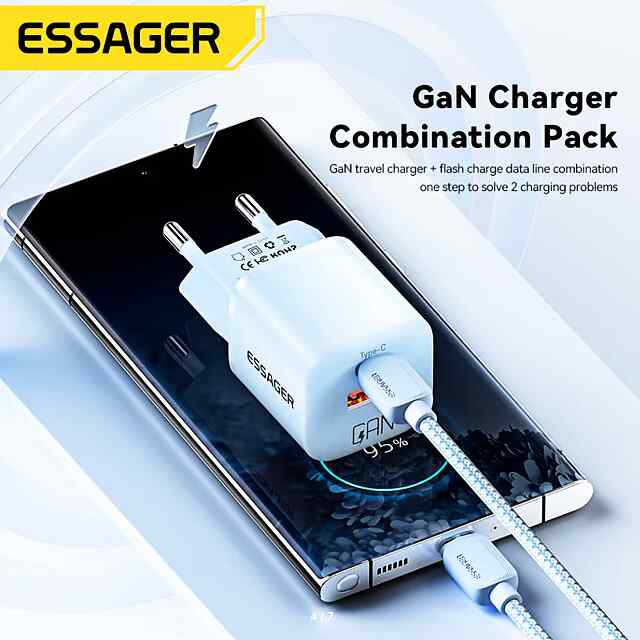 Зарядний пристрій ESSAGER GaN USB Type-C 20 Вт. Швидка зарядка. Для iPhone iPad Samsung. Компактний, сертифікат CE. Україна - 3 фото товару