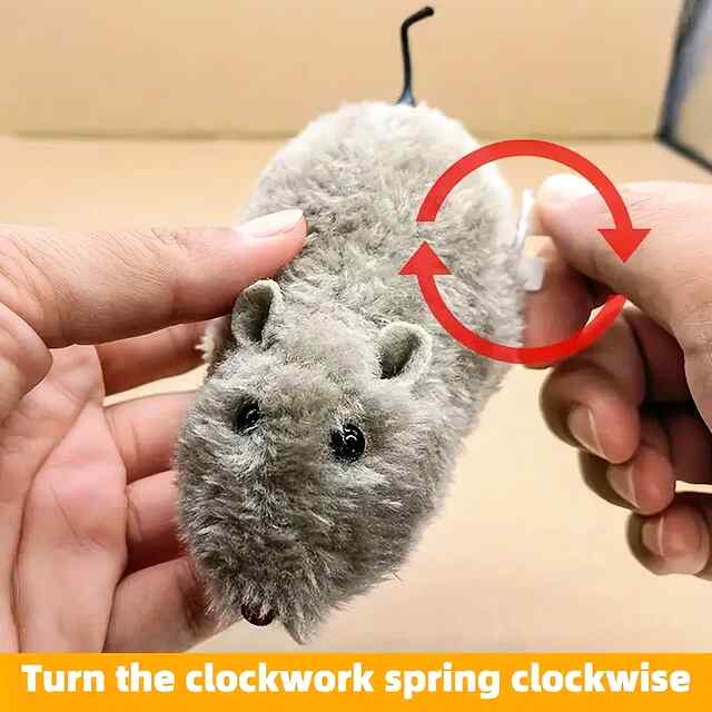 Заводна плюшева мишка - Іграшка для котів та собак, заводний механізм. М'який плюш   пластик. Реалістичні рухи. Без батарейок. Купити в Україні! - 3 фото товару